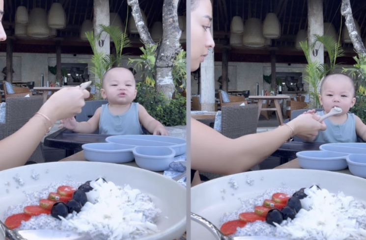 Nikita Willy sedang makan bersama Baby Izz di Bali