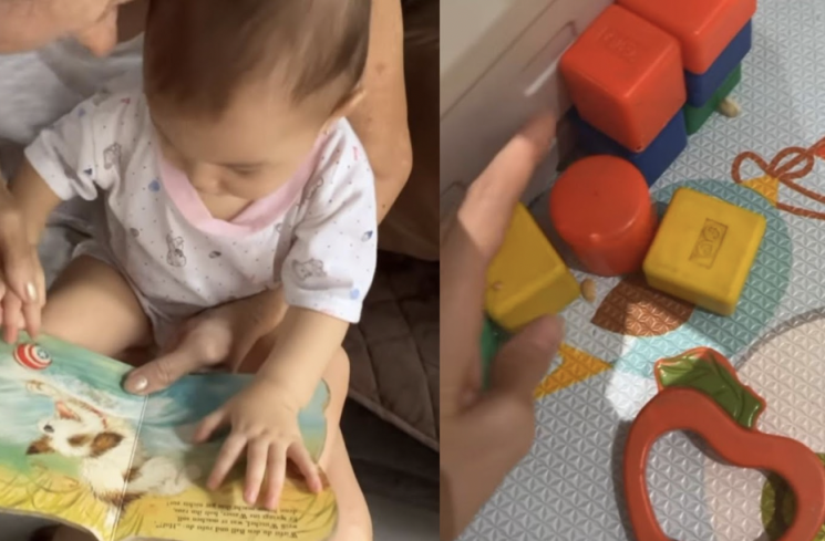 Baby Djiwa sedang dibacakan buku bekas semasa kecilnya sang ibu. (Instagram)