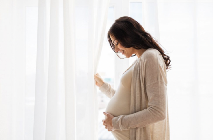 Foto ibu hamil sedang berdiri disamping jendela